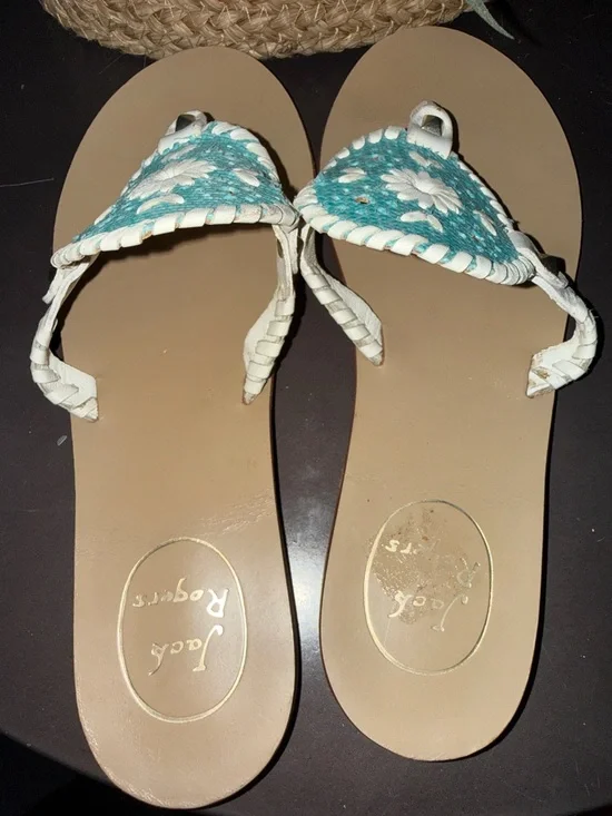 Jack Rogers Turquoise White Daisy Leather Thong Sandals Size 7 - Picture 4 of 7